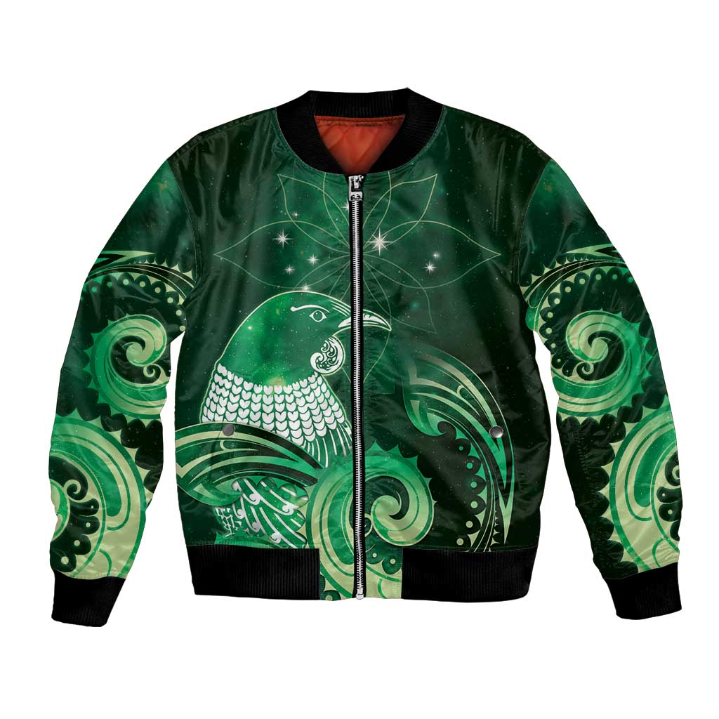 New Zealand Matariki Bomber Jacket Maori Tui Bird Green Galaxy