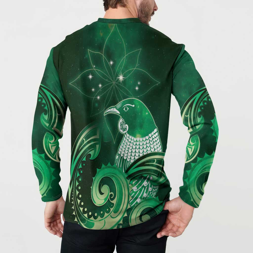 New Zealand Matariki Button Sweatshirt Maori Tui Bird Green Galaxy