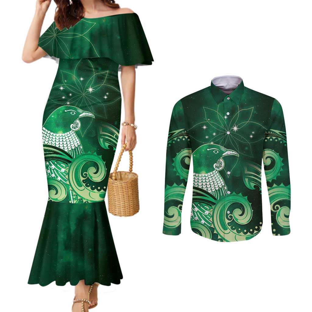 New Zealand Matariki Couples Matching Mermaid Dress and Long Sleeve Button Shirt Maori Tui Bird Green Galaxy