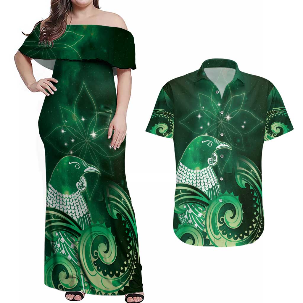 New Zealand Matariki Couples Matching Off Shoulder Maxi Dress and Hawaiian Shirt Maori Tui Bird Green Galaxy