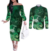 New Zealand Matariki Couples Matching Off The Shoulder Long Sleeve Dress and Long Sleeve Button Shirt Maori Tui Bird Green Galaxy