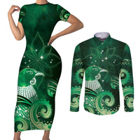 New Zealand Matariki Couples Matching Short Sleeve Bodycon Dress and Long Sleeve Button Shirt Maori Tui Bird Green Galaxy