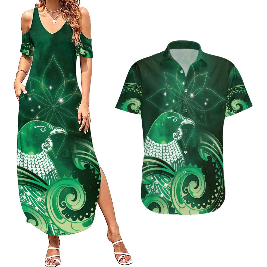 New Zealand Matariki Couples Matching Summer Maxi Dress and Hawaiian Shirt Maori Tui Bird Green Galaxy