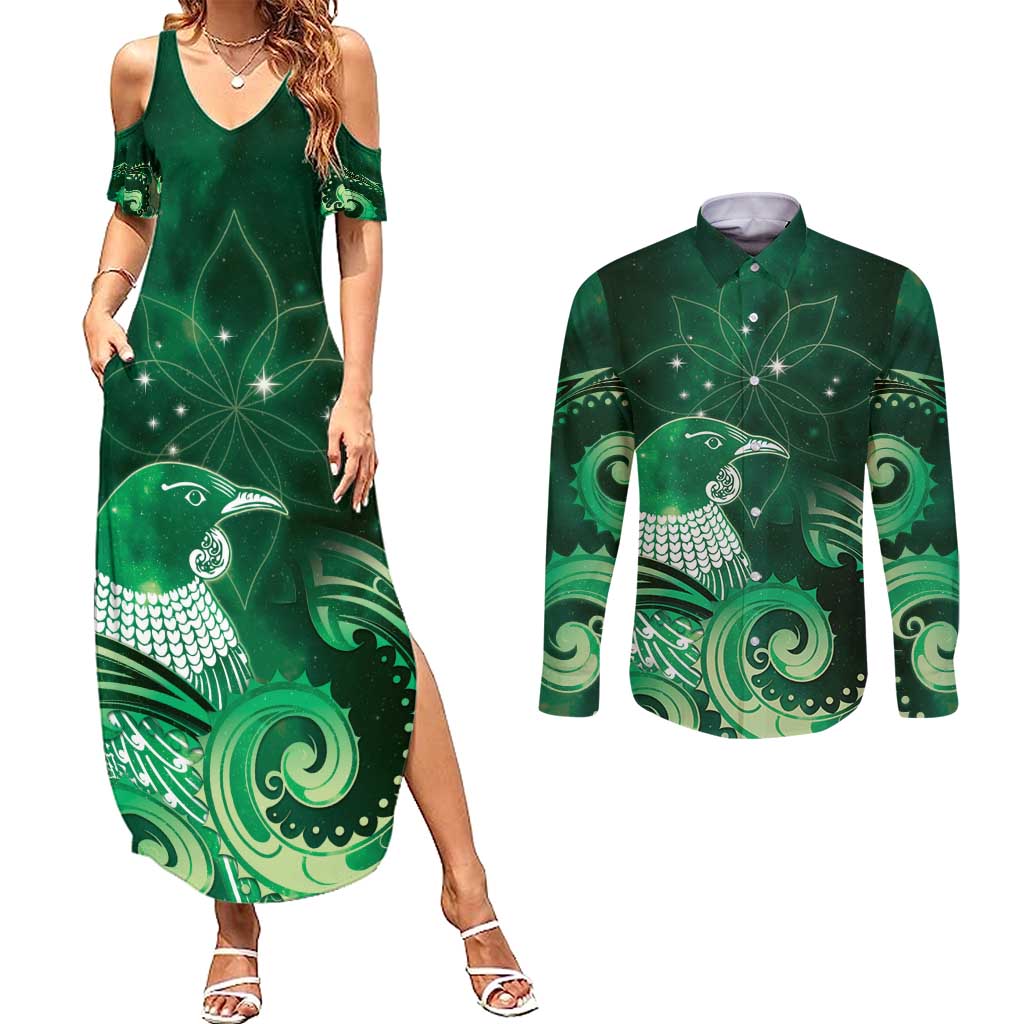 New Zealand Matariki Couples Matching Summer Maxi Dress and Long Sleeve Button Shirt Maori Tui Bird Green Galaxy