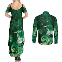 New Zealand Matariki Couples Matching Summer Maxi Dress and Long Sleeve Button Shirt Maori Tui Bird Green Galaxy