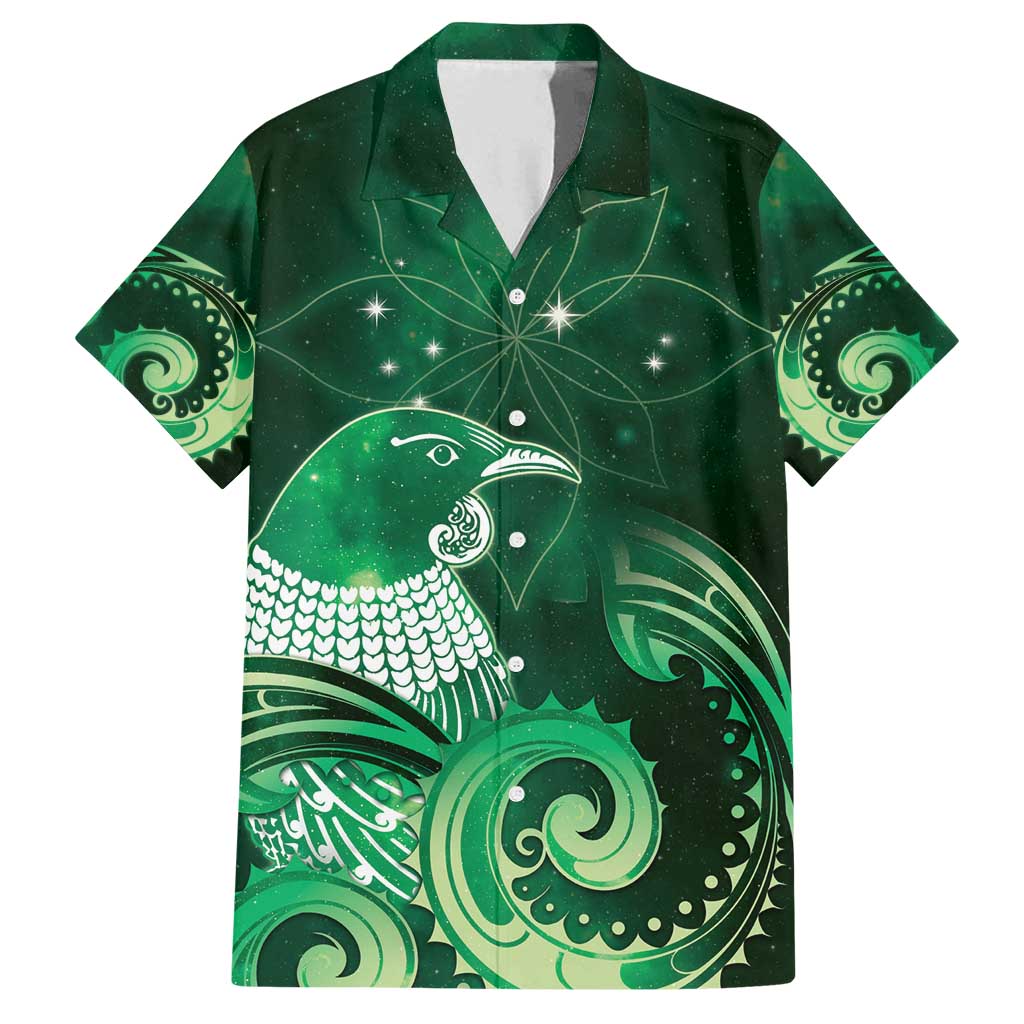 New Zealand Matariki Family Matching Long Sleeve Bodycon Dress and Hawaiian Shirt Maori Tui Bird Green Galaxy