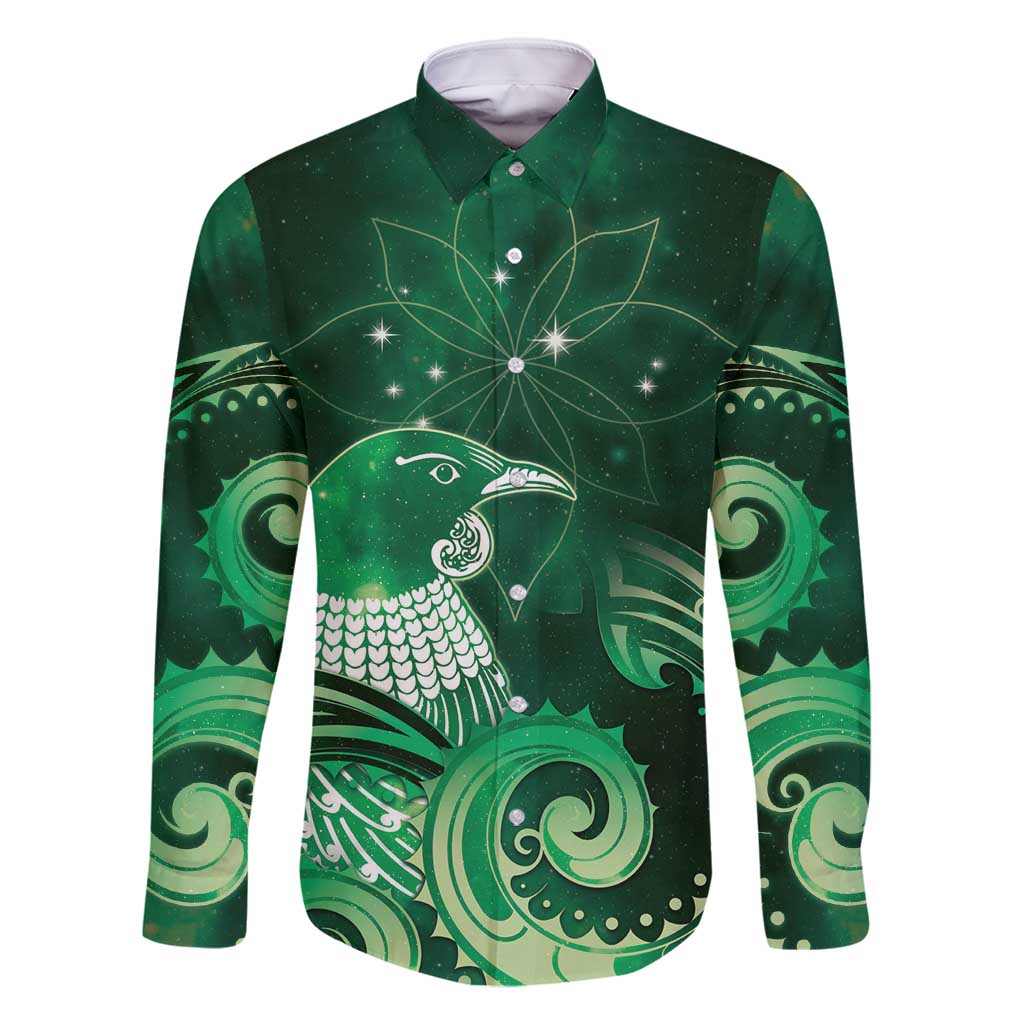 New Zealand Matariki Family Matching Long Sleeve Bodycon Dress and Hawaiian Shirt Maori Tui Bird Green Galaxy