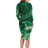 New Zealand Matariki Family Matching Long Sleeve Bodycon Dress and Hawaiian Shirt Maori Tui Bird Green Galaxy