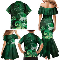 New Zealand Matariki Family Matching Mermaid Dress and Hawaiian Shirt Maori Tui Bird Green Galaxy