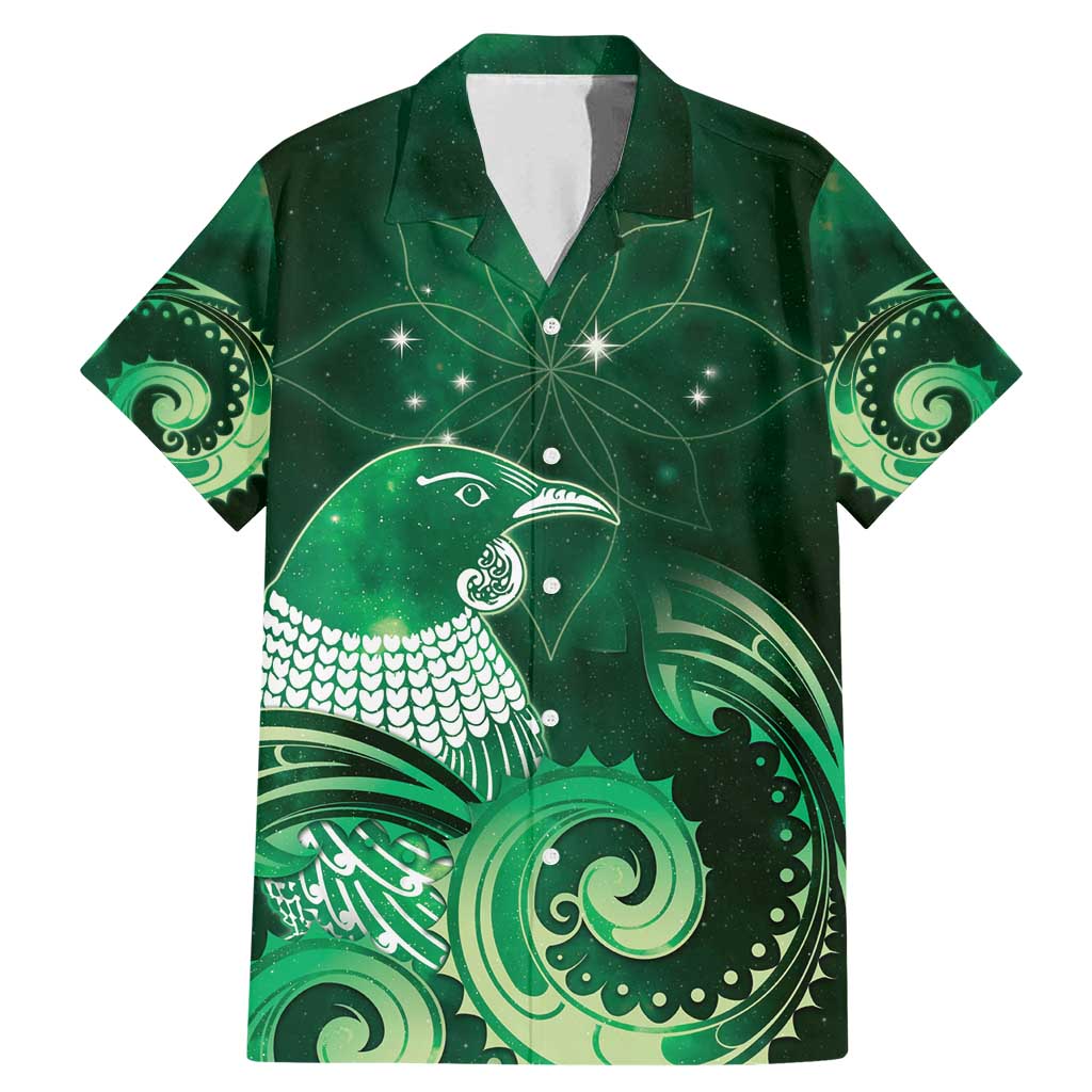 New Zealand Matariki Family Matching Mermaid Dress and Hawaiian Shirt Maori Tui Bird Green Galaxy