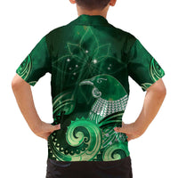 New Zealand Matariki Family Matching Off The Shoulder Long Sleeve Dress and Hawaiian Shirt Maori Tui Bird Green Galaxy