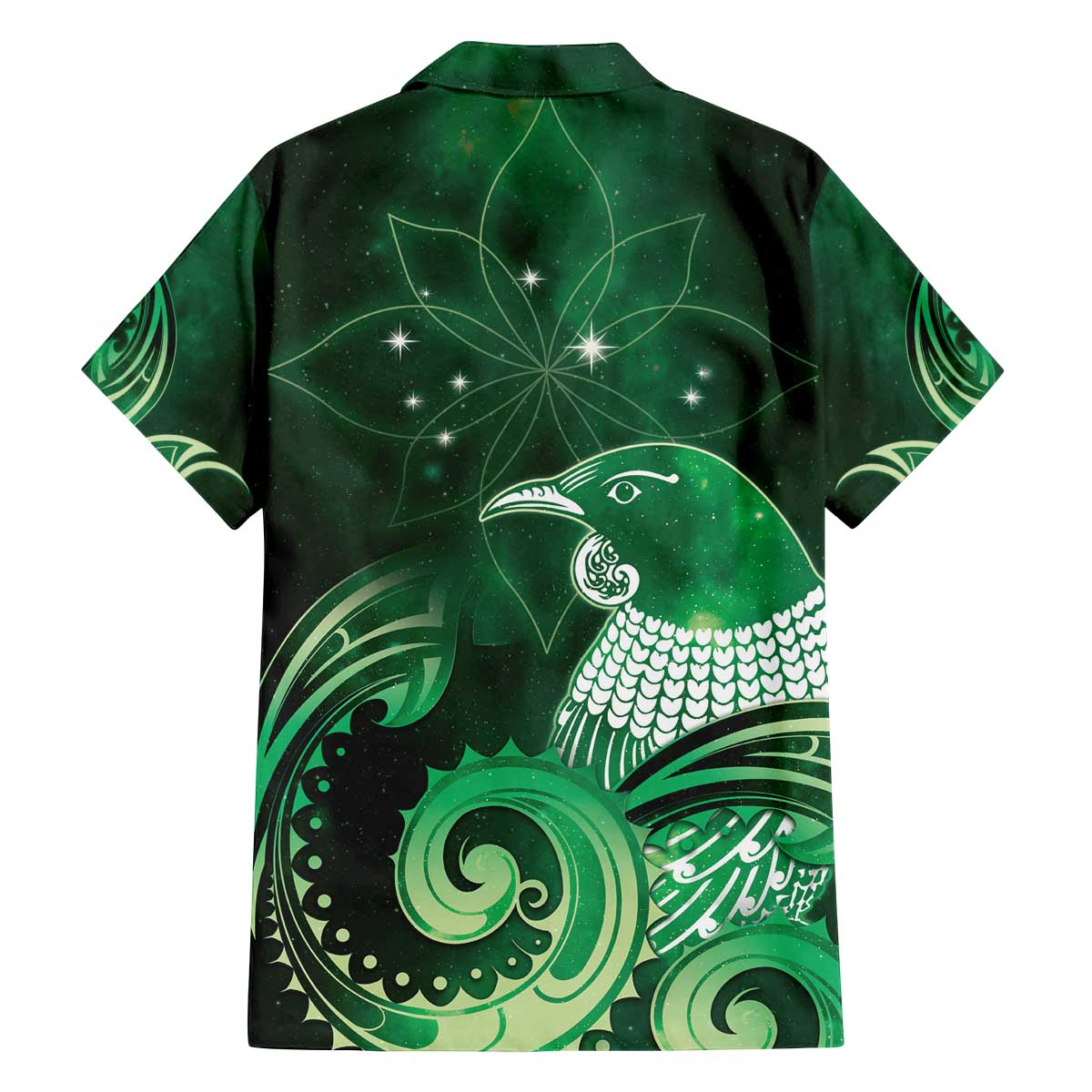 New Zealand Matariki Family Matching Off The Shoulder Long Sleeve Dress and Hawaiian Shirt Maori Tui Bird Green Galaxy