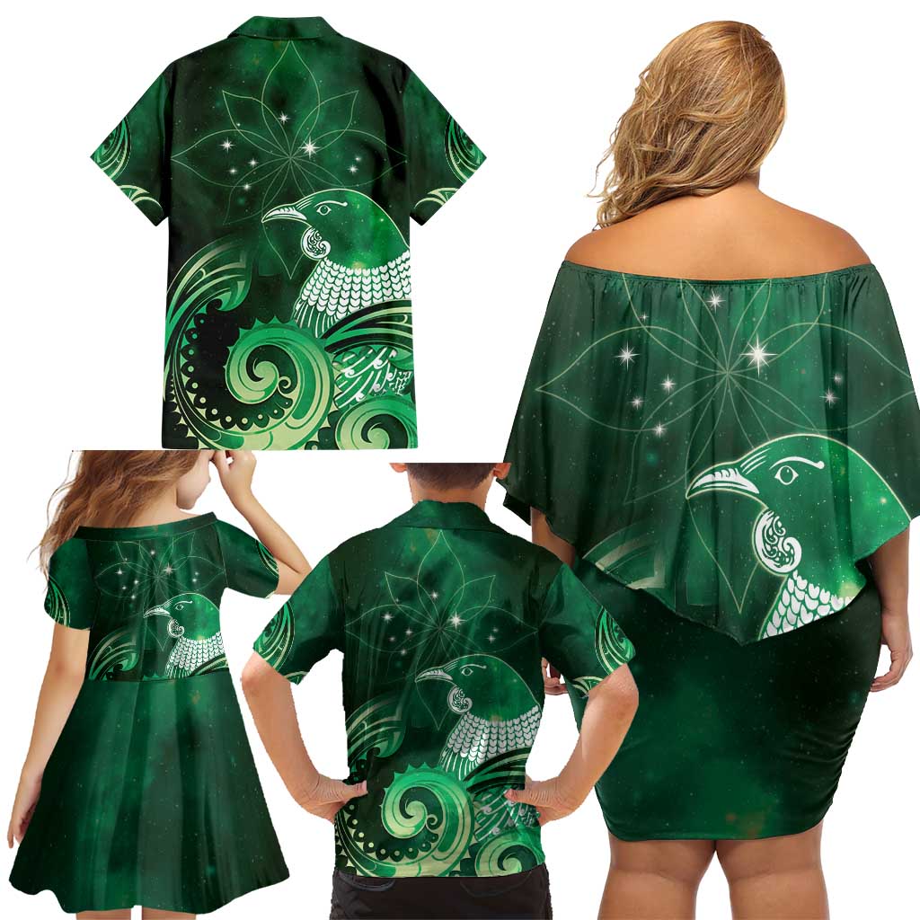 New Zealand Matariki Family Matching Off Shoulder Short Dress and Hawaiian Shirt Maori Tui Bird Green Galaxy