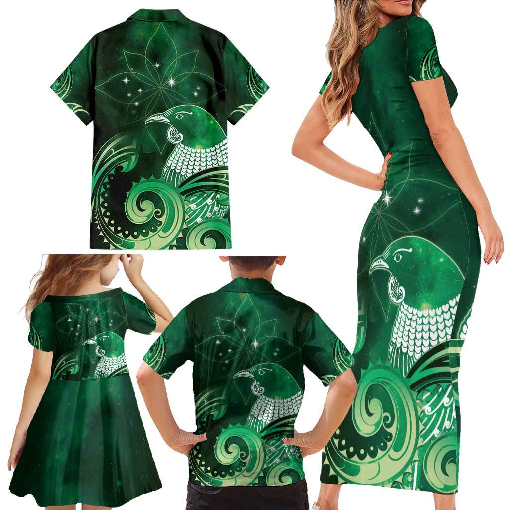 New Zealand Matariki Family Matching Short Sleeve Bodycon Dress and Hawaiian Shirt Maori Tui Bird Green Galaxy