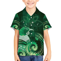 New Zealand Matariki Family Matching Short Sleeve Bodycon Dress and Hawaiian Shirt Maori Tui Bird Green Galaxy