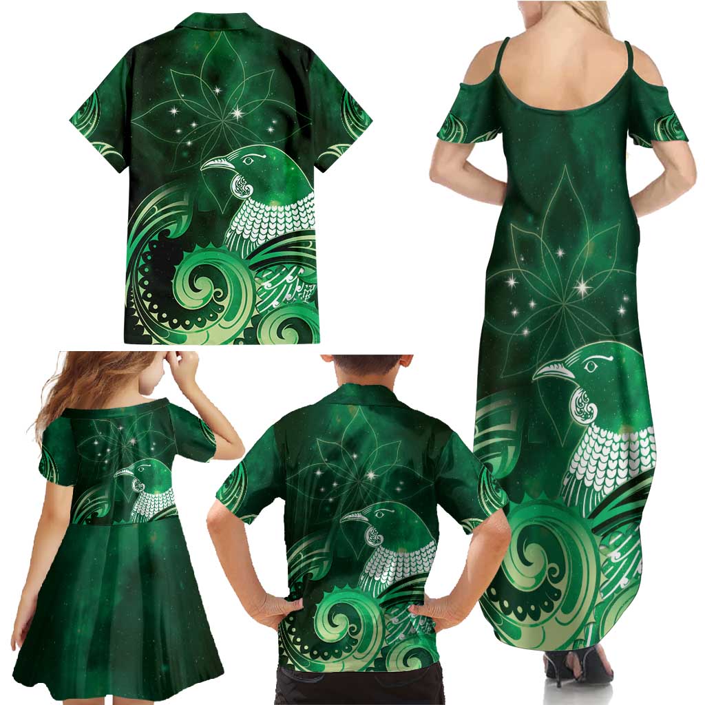 New Zealand Matariki Family Matching Summer Maxi Dress and Hawaiian Shirt Maori Tui Bird Green Galaxy