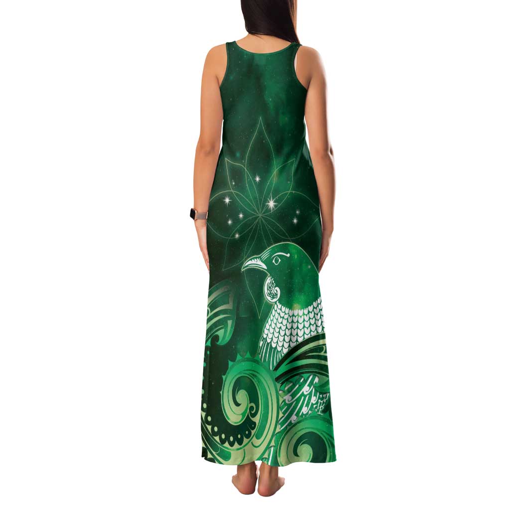 New Zealand Matariki Family Matching Tank Maxi Dress and Hawaiian Shirt Maori Tui Bird Green Galaxy