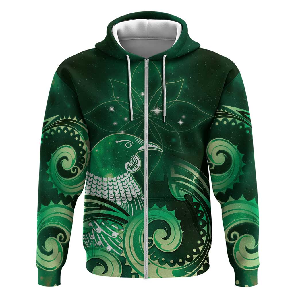 New Zealand Matariki Hoodie Maori Tui Bird Green Galaxy