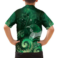 New Zealand Matariki Kid Hawaiian Shirt Maori Tui Bird Green Galaxy