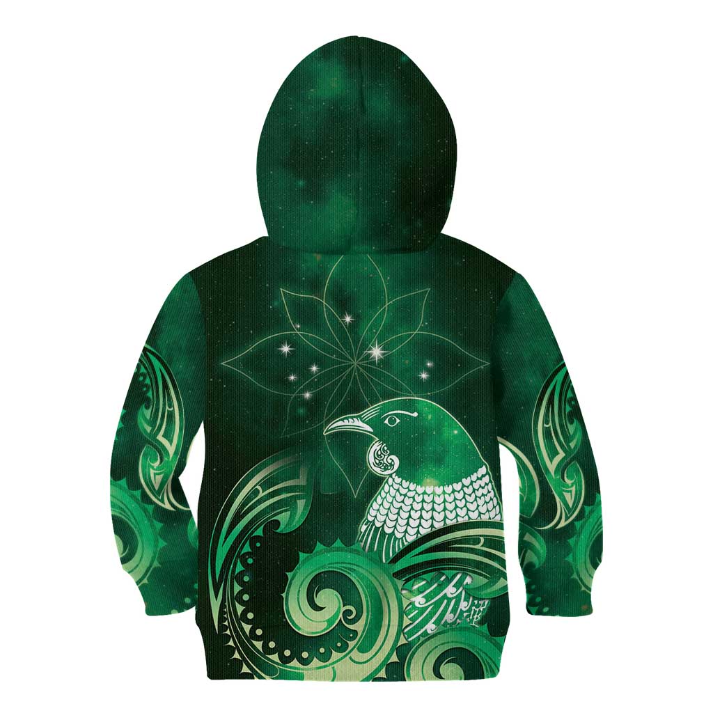 New Zealand Matariki Kid Hoodie Maori Tui Bird Green Galaxy
