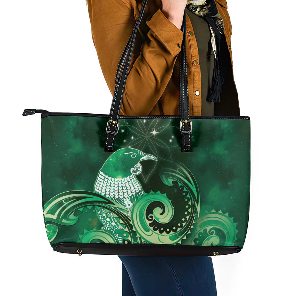 New Zealand Matariki Leather Tote Bag Maori Tui Bird Green Galaxy