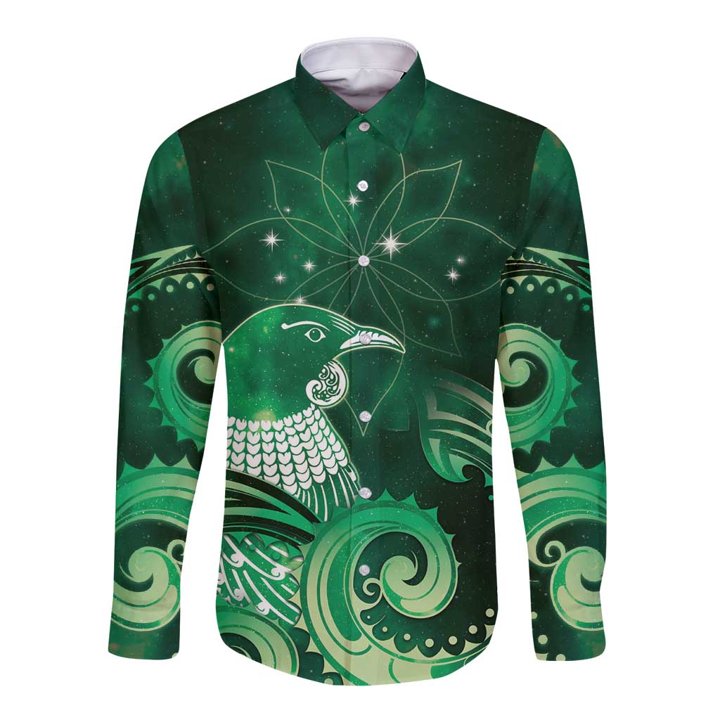 New Zealand Matariki Long Sleeve Button Shirt Maori Tui Bird Green Galaxy