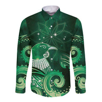 New Zealand Matariki Long Sleeve Button Shirt Maori Tui Bird Green Galaxy