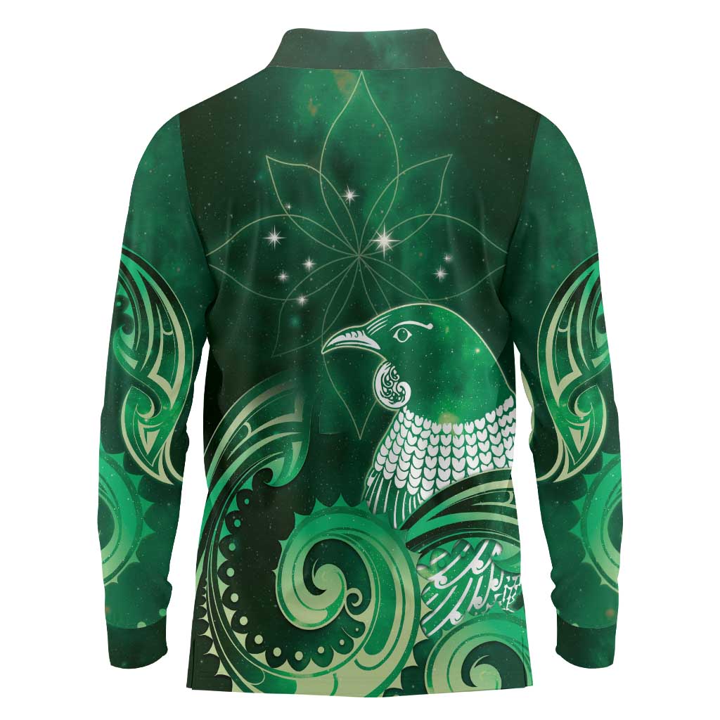 New Zealand Matariki Long Sleeve Polo Shirt Maori Tui Bird Green Galaxy