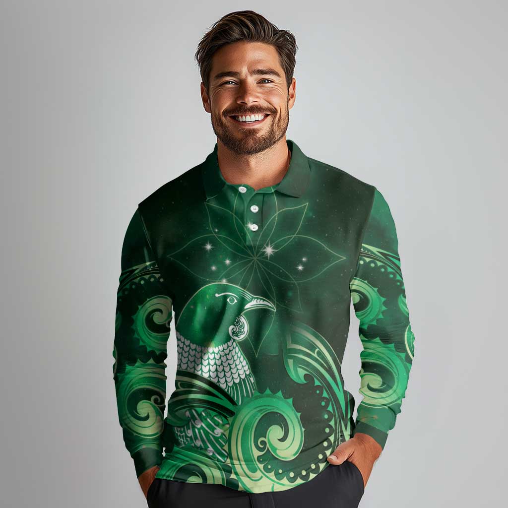 New Zealand Matariki Long Sleeve Polo Shirt Maori Tui Bird Green Galaxy