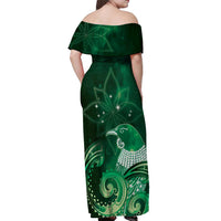 New Zealand Matariki Off Shoulder Maxi Dress Maori Tui Bird Green Galaxy