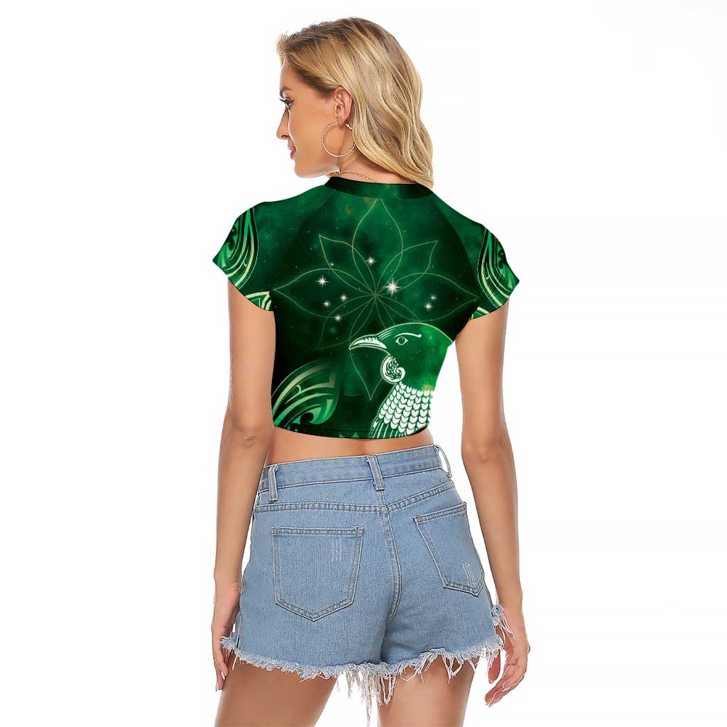 New Zealand Matariki Raglan Cropped T Shirt Maori Tui Bird Green Galaxy