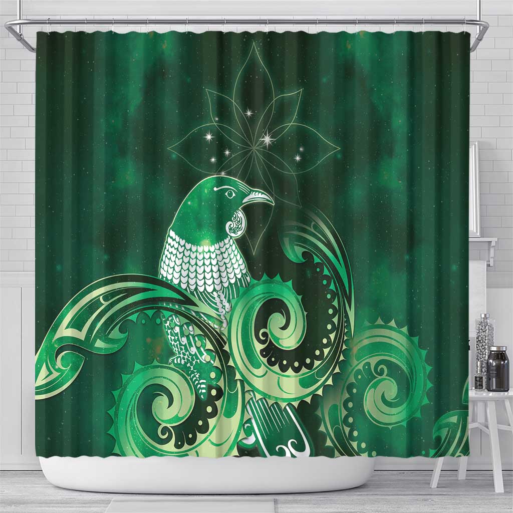 New Zealand Matariki Shower Curtain Maori Tui Bird Green Galaxy