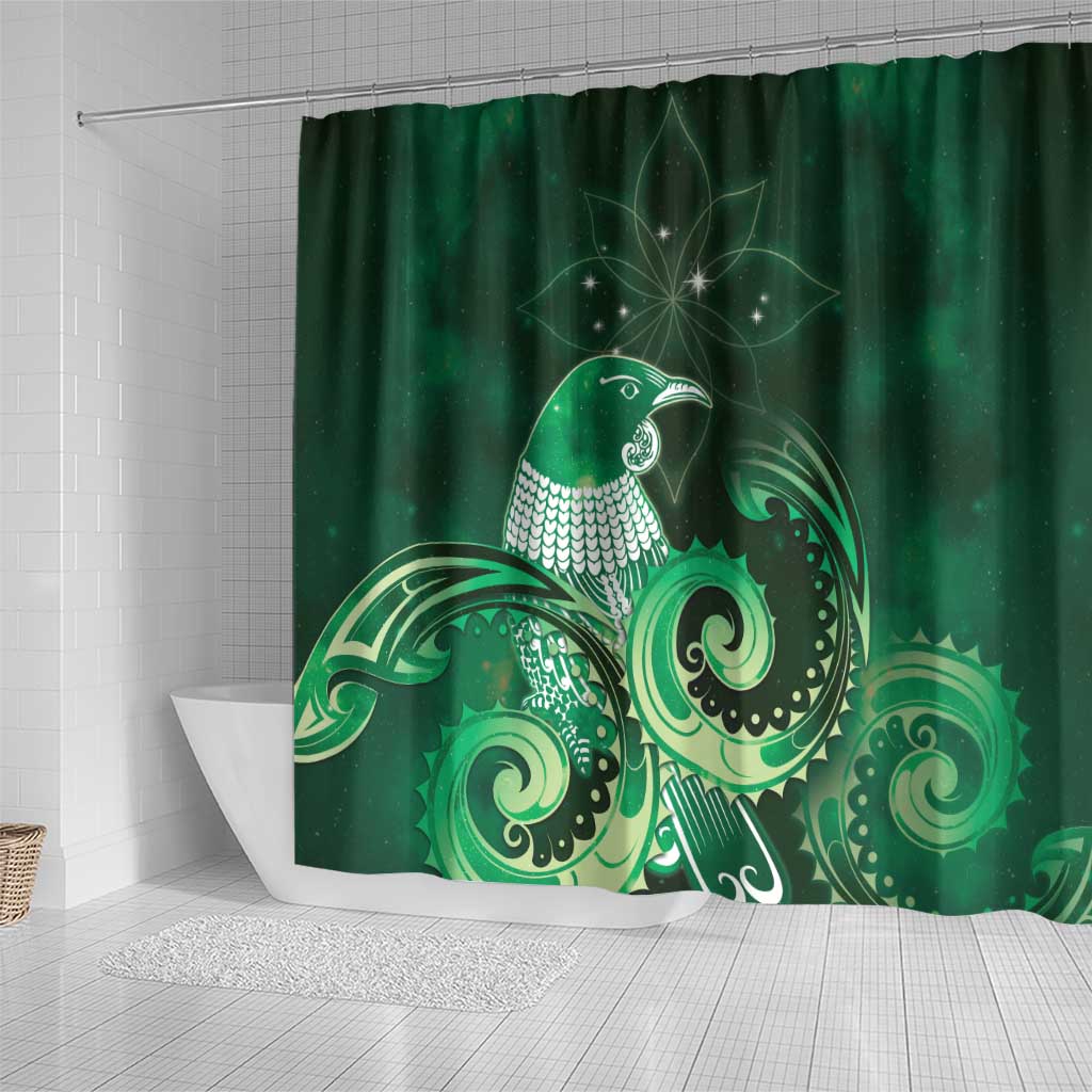 New Zealand Matariki Shower Curtain Maori Tui Bird Green Galaxy