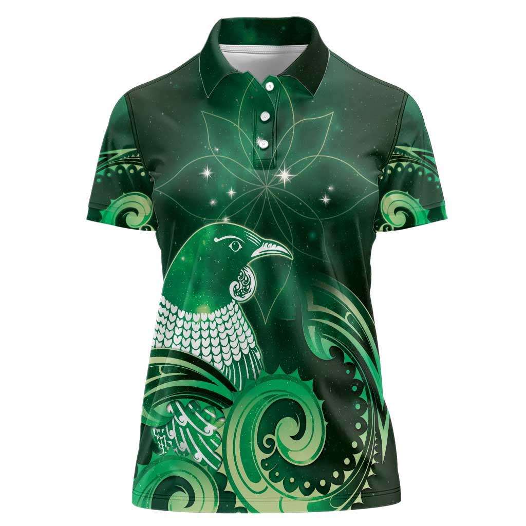 New Zealand Matariki Women Polo Shirt Maori Tui Bird Green Galaxy