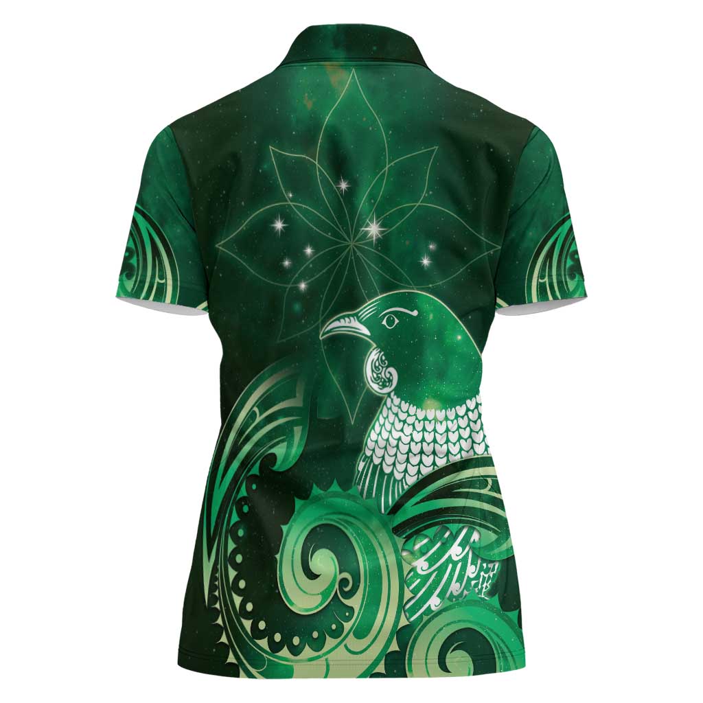 New Zealand Matariki Women Polo Shirt Maori Tui Bird Green Galaxy