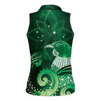 New Zealand Matariki Women Sleeveless Polo Shirt Maori Tui Bird Green Galaxy