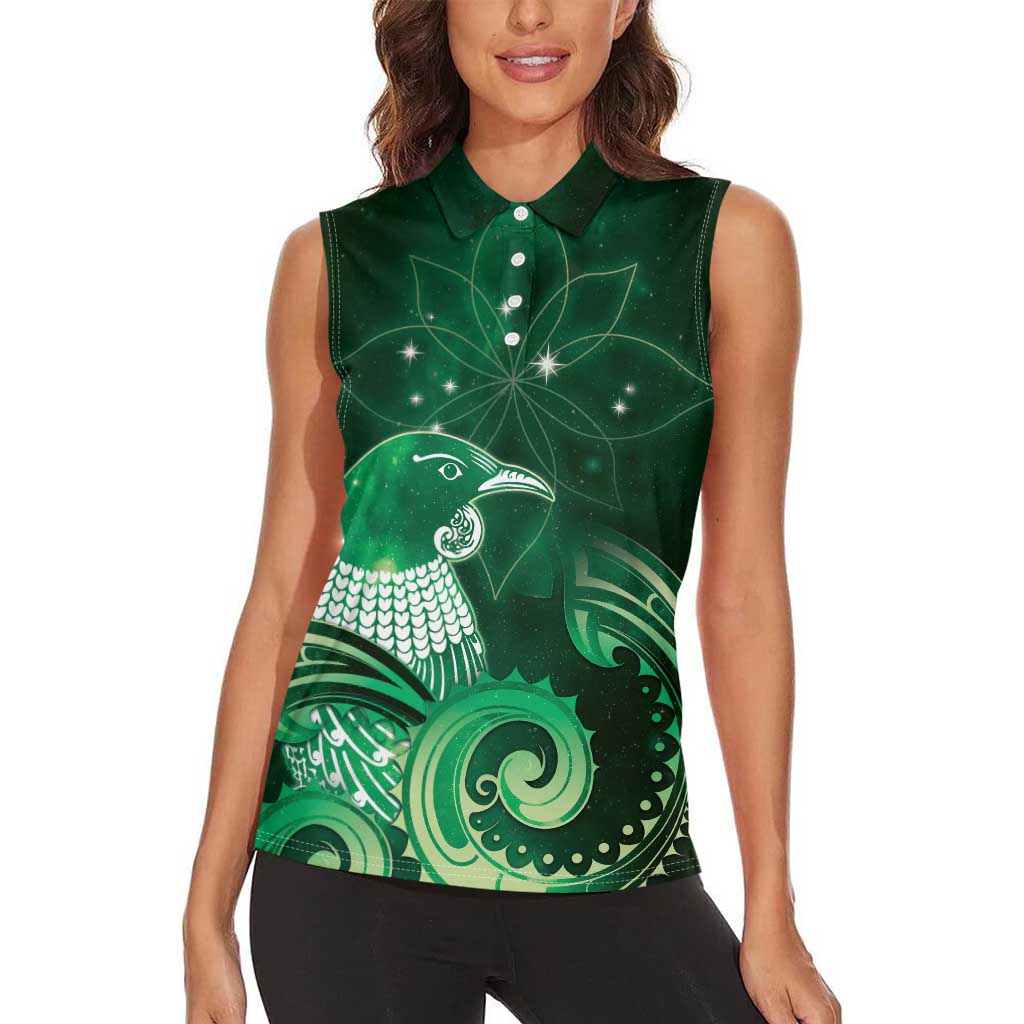 New Zealand Matariki Women Sleeveless Polo Shirt Maori Tui Bird Green Galaxy