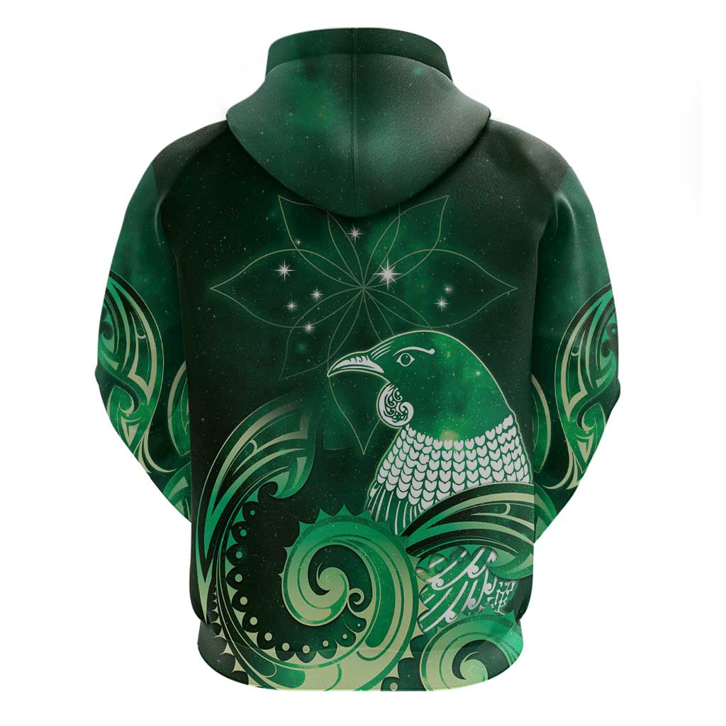 New Zealand Matariki Zip Hoodie Maori Tui Bird Green Galaxy