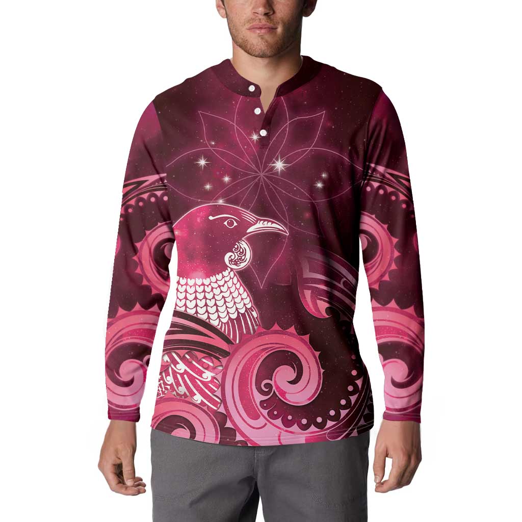 New Zealand Matariki Button Sweatshirt Maori Tui Bird Magenta Galaxy