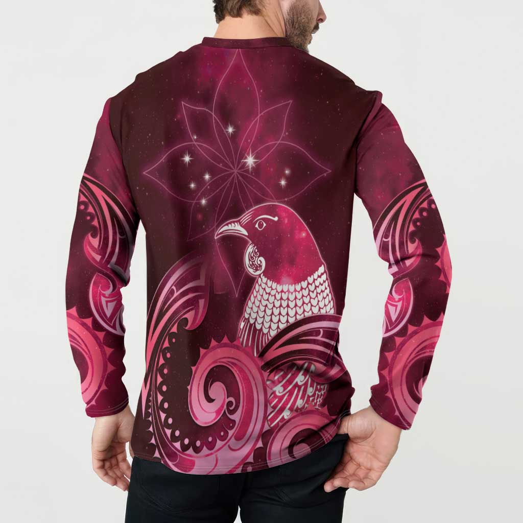 New Zealand Matariki Button Sweatshirt Maori Tui Bird Magenta Galaxy