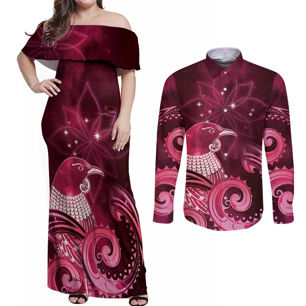 New Zealand Matariki Couples Matching Off Shoulder Maxi Dress and Long Sleeve Button Shirt Maori Tui Bird Magenta Galaxy