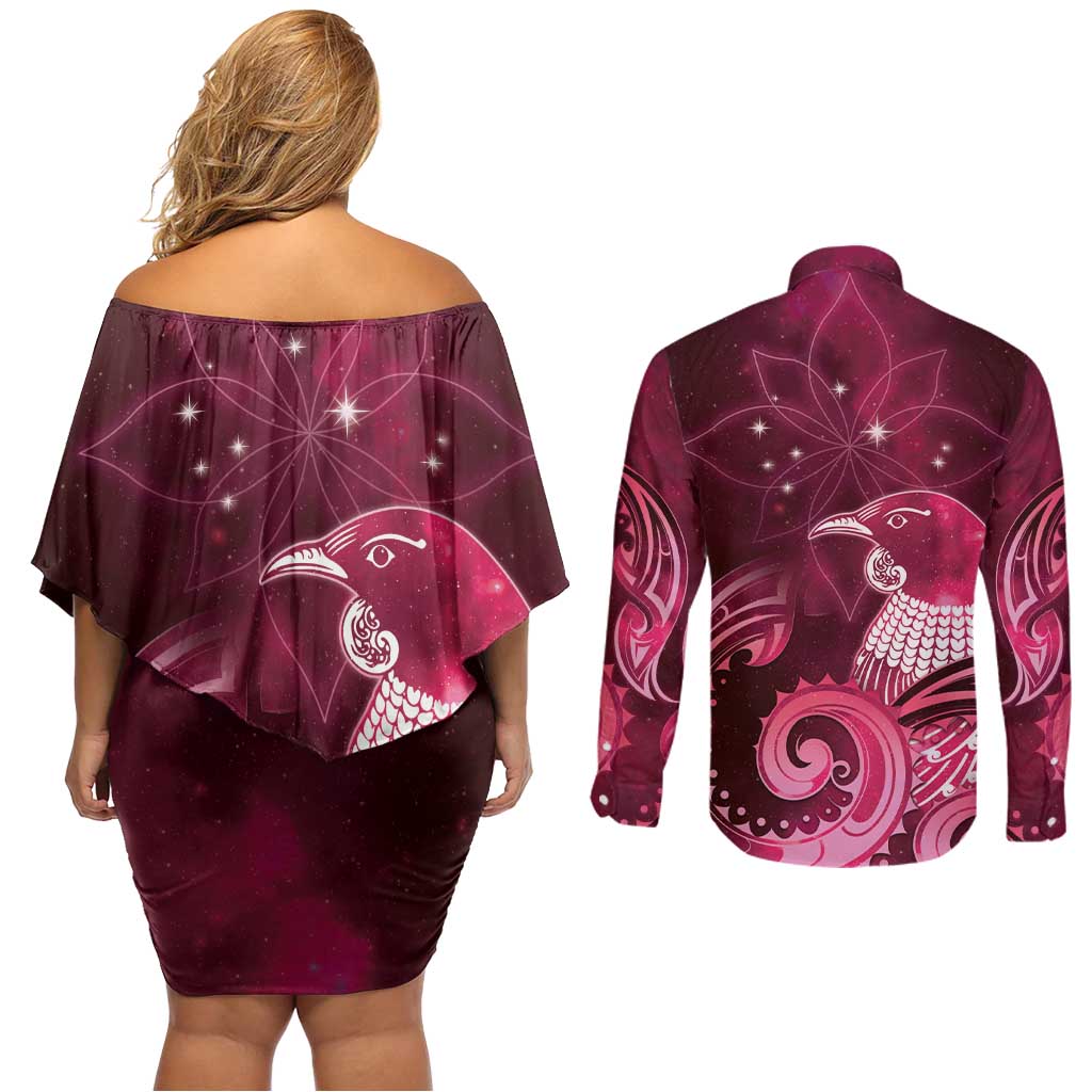 New Zealand Matariki Couples Matching Off Shoulder Short Dress and Long Sleeve Button Shirt Maori Tui Bird Magenta Galaxy