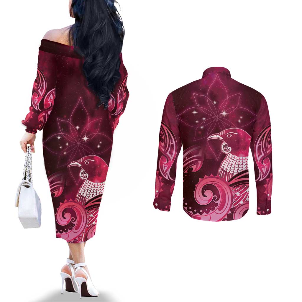 New Zealand Matariki Couples Matching Off The Shoulder Long Sleeve Dress and Long Sleeve Button Shirt Maori Tui Bird Magenta Galaxy