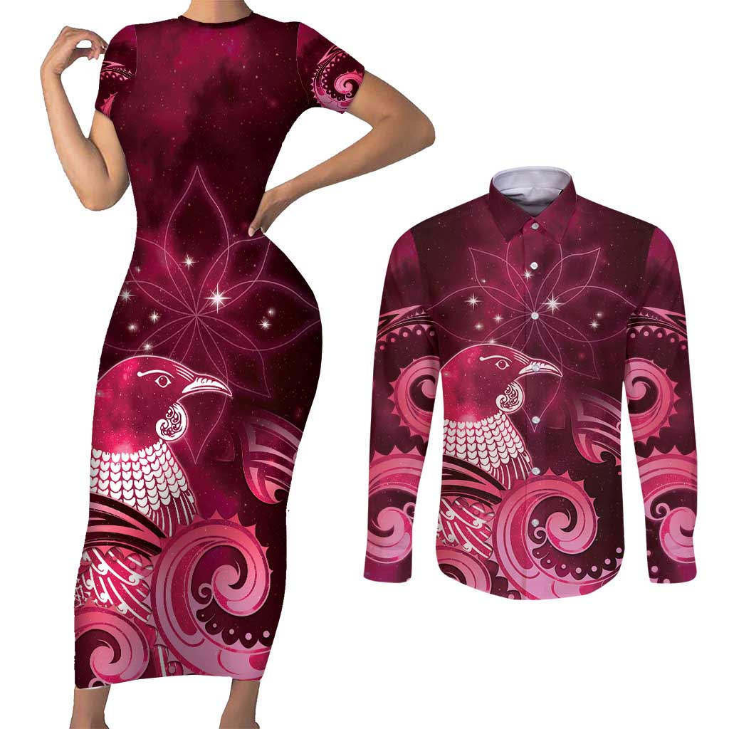 New Zealand Matariki Couples Matching Short Sleeve Bodycon Dress and Long Sleeve Button Shirt Maori Tui Bird Magenta Galaxy