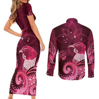 New Zealand Matariki Couples Matching Short Sleeve Bodycon Dress and Long Sleeve Button Shirt Maori Tui Bird Magenta Galaxy