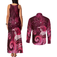 New Zealand Matariki Couples Matching Tank Maxi Dress and Long Sleeve Button Shirt Maori Tui Bird Magenta Galaxy