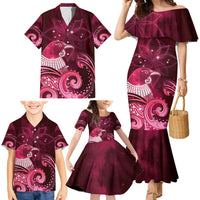 New Zealand Matariki Family Matching Mermaid Dress and Hawaiian Shirt Maori Tui Bird Magenta Galaxy