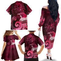 New Zealand Matariki Family Matching Off The Shoulder Long Sleeve Dress and Hawaiian Shirt Maori Tui Bird Magenta Galaxy