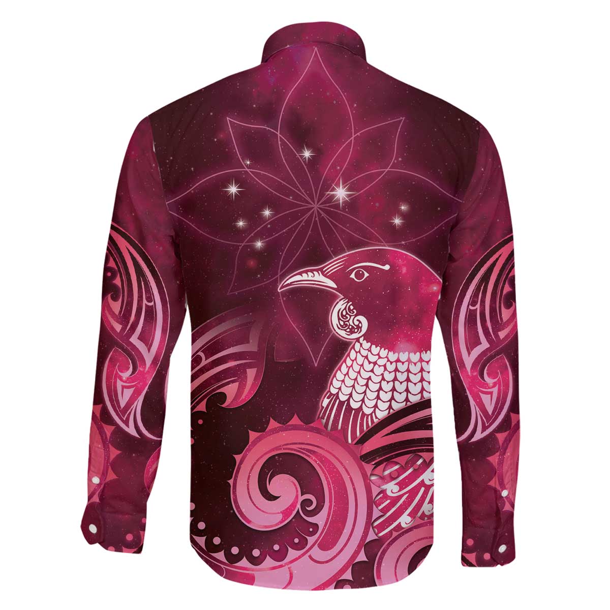 New Zealand Matariki Family Matching Off The Shoulder Long Sleeve Dress and Hawaiian Shirt Maori Tui Bird Magenta Galaxy