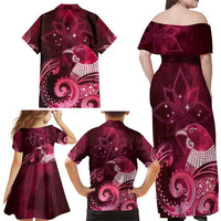 New Zealand Matariki Family Matching Off Shoulder Maxi Dress and Hawaiian Shirt Maori Tui Bird Magenta Galaxy